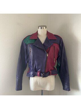 Vintage 80s Colorblock Leather Jacket Padded Shoulders Belted Nostalgia Old Scho